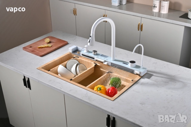 Дъб натур - Мултифункционална кухненска мивка с двоен водопад 