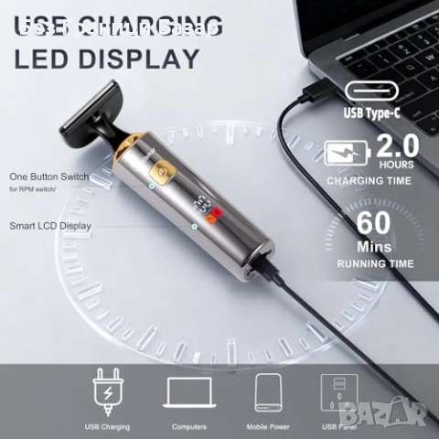 Нов Hatteker 4 в 1 тример за гръб и тяло с удължаваща дръжка водоустойчив LCD дисплей за мъже, снимка 6 - Тримери - 54108928