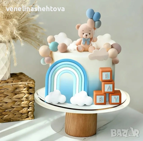 Фигурка мече с балони топчета на тел сини бежови за декорация на торта , снимка 2 - Други - 53806585