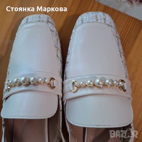 Нови обувки с кожа,плат и перли, снимка 3 - Дамски ежедневни обувки - 45993293