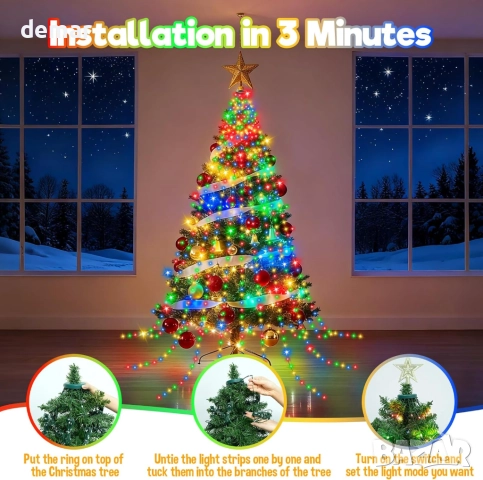 Коледни лампички за елха, 400 LED, 8 режима, 2 метра x 16 реда, многоцветни, снимка 2 - Декорация за дома - 52118611