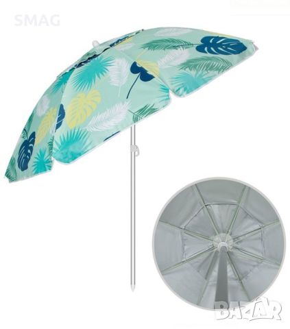 Плажен чадър, ветроустойчив, накланящ се, зелени тропически листа, UPF 50+, алуминиева рамка - 2 м, снимка 3 - Други - 46292706