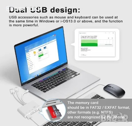 Четец на карти с памет 5 в 1, USB OTG адаптер и четец на SD карти за i-Phone/i-Pad, USB C и USB A, снимка 2 - Кабели и адаптери - 47057364