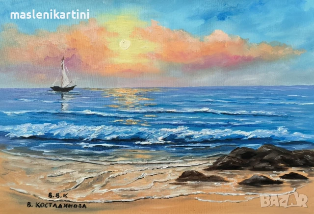 Море и корабче маслена картина , снимка 2 - Картини - 51273467