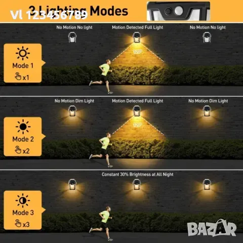 Тройна соларна лампа Solar за стена със сензор и 3 режима, снимка 6 - Соларни лампи - 48418315