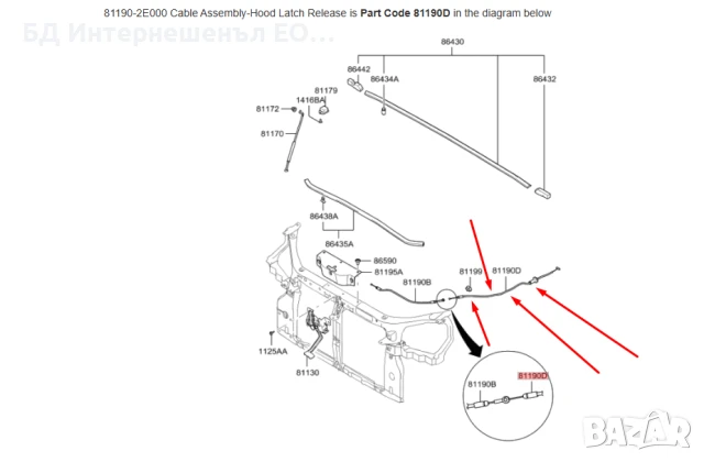 81190-2E000  Жило за отваряне на преден капак Hyundai, Tucson, Двигателен отсек, снимка 2 - Части - 51285373