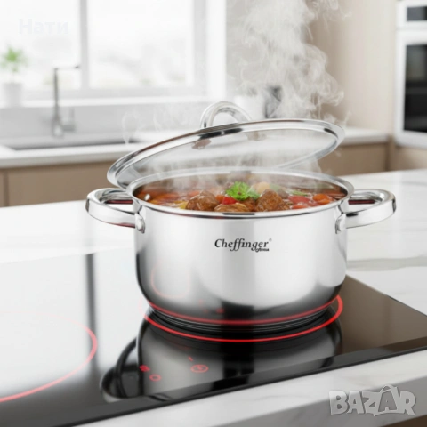 Тенджера от неръждаема стомана Cheffinger  с индукционно дъно и стъклен капак