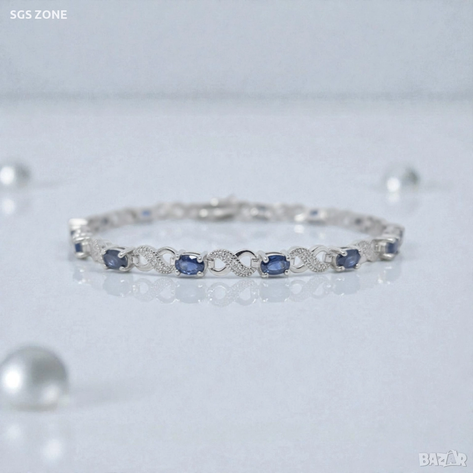 Ръчно изработена сребърна гривна със сапфир и символ за безкрайност, снимка 1