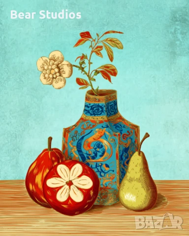 Постер / плакат, матов - Стилизиран Натюрморт, ваза с плодове и цветя