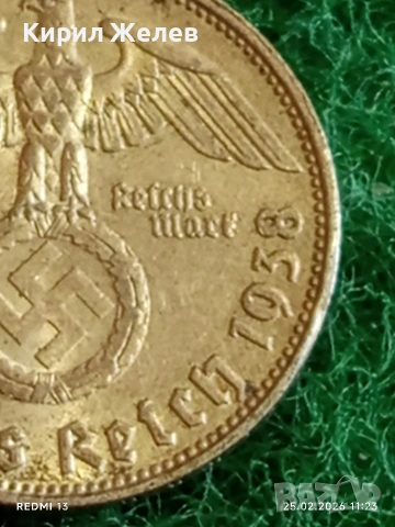 Сребърна монета 2 райхсмарки 1938г. Германия Трети Райх с Свастика за КОЛЕКЦИОНЕРИ 46912, снимка 4 - Нумизматика и бонистика - 53615779