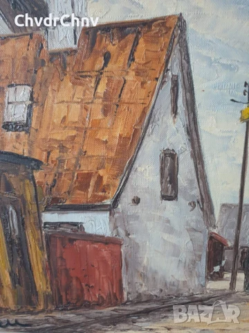 53х45см/малка стара картина масло върху платно/градски пейзаж/малка улица-къщи/дървена рамка, снимка 4 - Картини - 51192912