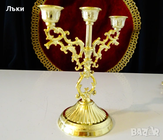 Калаен троен свещник тройка,посребрен,позлатен. , снимка 2 - Антикварни и старинни предмети - 53650541