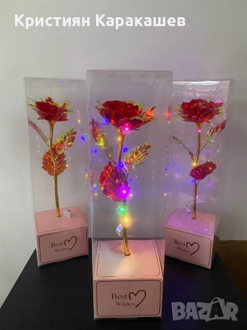 ВИСОКА 40СМ!Златна роза Golden Rose 24k Rainbow, LED Лента, Светеща, Кутия