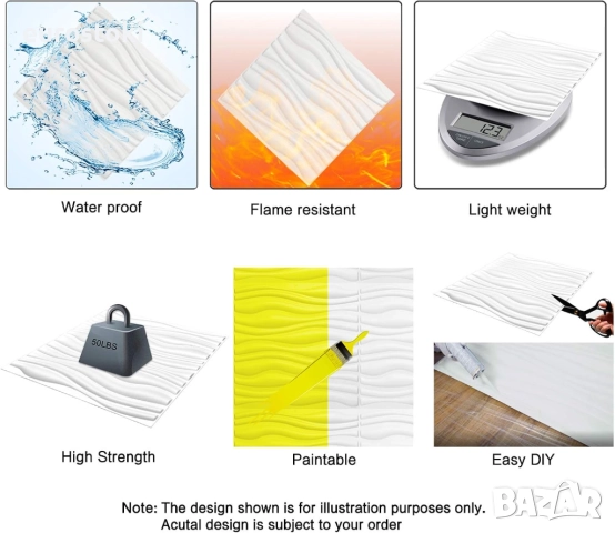 Art3d стенни панели с ивици 50 x 50см (опаковка от 12бр), 3 м², бели Изработен от превъзходно матово, снимка 5 - Облицовки - 52030252