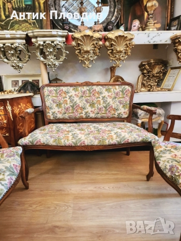 Антикварна гарнитура – диван с две кресла, жакард, снимка 3 - Дивани и мека мебел - 52849491