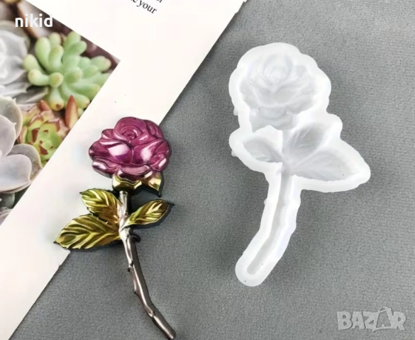 Роза с листа на клонка силиконов молд форма фондан шоколад гипс смола декор, снимка 2 - Форми - 54010782