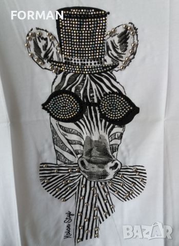СТРАХОТНА бяла тениска с принт зебра с перлички металик и пъстри камъчета по нея, снимка 2 - Тениски - 45602480