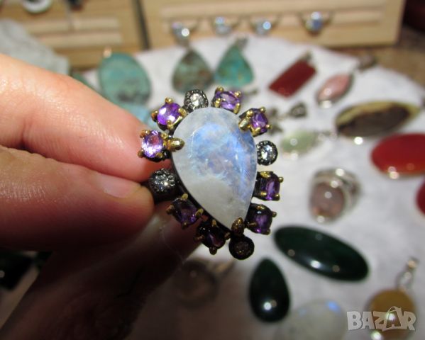 925 сребърен пръстен с лунен камък , снимка 2 - Пръстени - 45178889