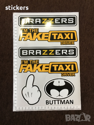 Стикери BrazzerS, Mickey, Fake Taxi, Buttman PVC фолио лист А4, снимка 1 - Аксесоари и консумативи - 45053267