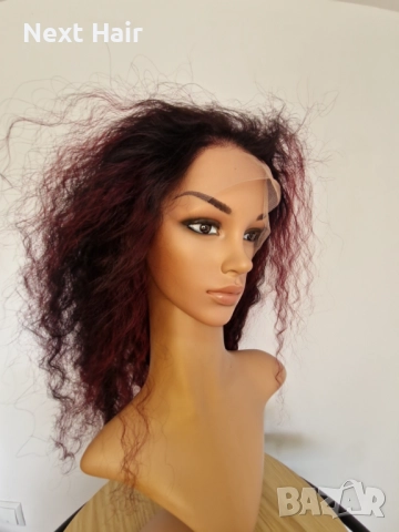 Естествена афро перука къдрава черна с тъмно червени бородо кичури с дантела 13х4, снимка 3 - Аксесоари за коса - 52019116