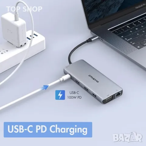 USB C докинг станция с двоен монитор, 12 в 1 за лаптоп с 2 HDMI, VGA, 2 USB 3.0, 2 USB 2.0, 100 W PD, снимка 4 - Друга електроника - 49457579