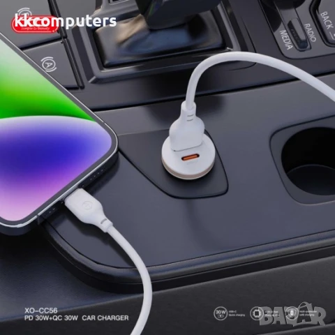 Зарядно устройство за кола комплект XO CC56 PD 30W QC 1x USB 1x USB-C с кабел USB - USB-C, Бял