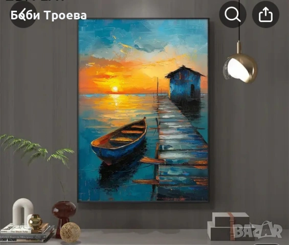 Модернистична картина-Морски Къщичен Залез с Ярки Мечтани Цветове,, снимка 4 - Картини - 53023664