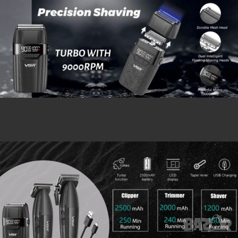 Професионален комплект VGR 640S3 – 3 в 1 (Черен) машинка за подстригване, тример и фолио самобръснач, снимка 3 - Машинки за подстригване - 54079438