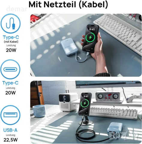 Преносима външна батерия ARZOPA 10000mAh, бързо зареждане 22.5W, вграден USB-C, снимка 5 - Външни батерии - 50268489