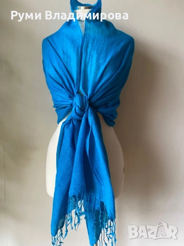 Тюркоазено син шал от коприна, кашмир, вълна, памук/ ралични видове, снимка 16 - Шалове - 47418018