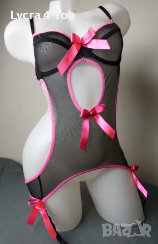 XS/S еротично черно тюлено боди с розови елементи и панделки