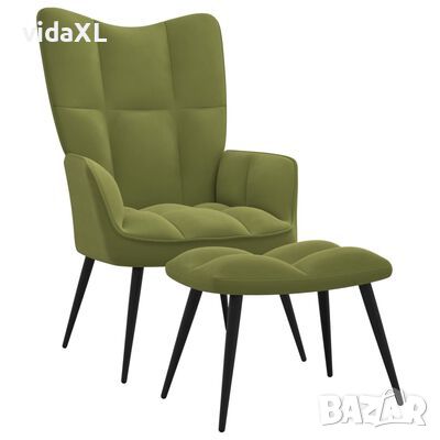 vidaXL Релаксиращ стол с табуретка, светлозелен, кадифе(SKU:328087