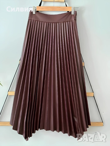 Тъмночервена (бордо) дълга плисирана кожена пола "Zara", размер М, снимка 3 - Поли - 52409439