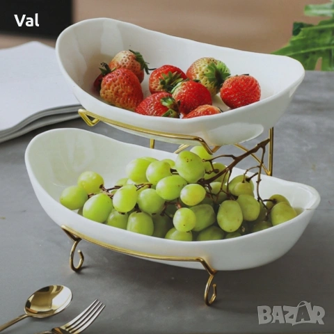 Луксозна двуетажна етажерка за плодове с керамични купи и златна стойка (2 нива), снимка 3 - Чинии - 53918303