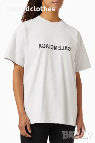 BALENCIAGA Ecru Destroyed Reversed Mirror Logo Print Oversized Мъжка / Дамска Тениска size S (M), снимка 3 - Тениски - 46827515