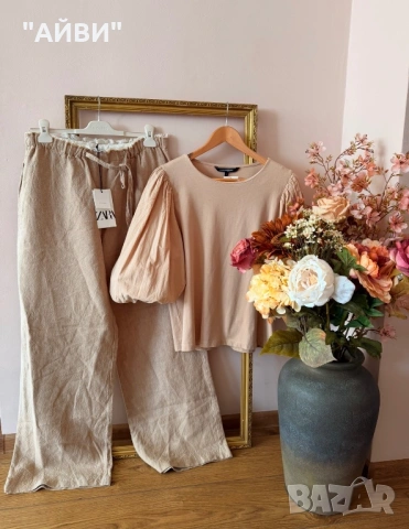 ZARA Дамски панталон от лен и тениска, снимка 6 - Панталони - 54003868