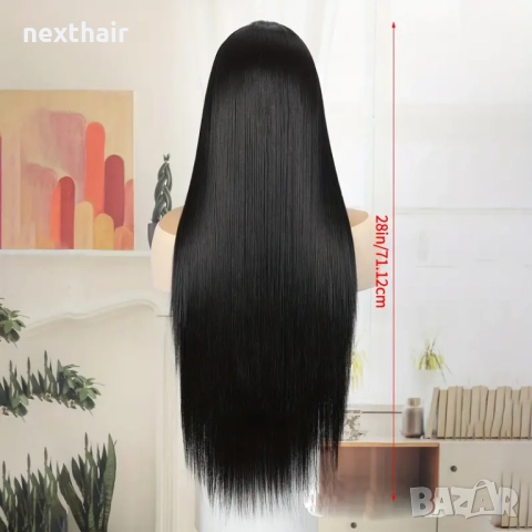 80 см Дантелена черна права перука от висококачествен синтетичен косъм, снимка 2 - Аксесоари за коса - 52231498