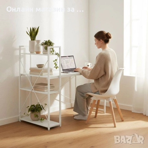 Компютърно бюро ModernHome, дървено, с рафтове за съхранение, бял, подсилена метална конструкция, снимка 3 - Бюра - 53381009