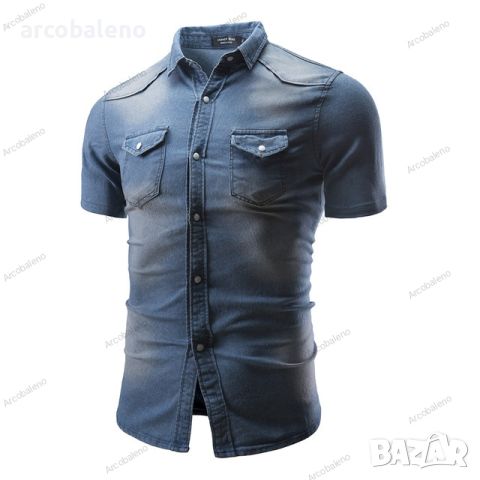 Нова мъжка едноцветна дънкова риза с джобове и къс ръкав, 4цвята , снимка 9 - Ризи - 46446257