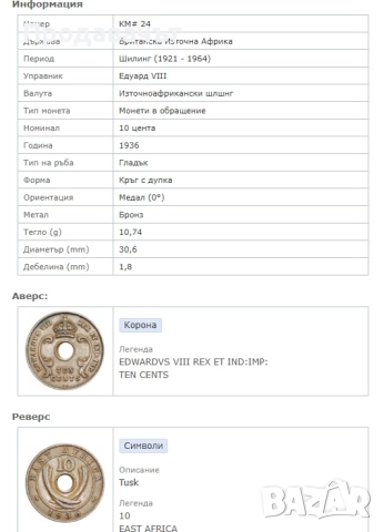 10 цента 1936 г. Британска Източна Африка, снимка 4 - Нумизматика и бонистика - 52923865