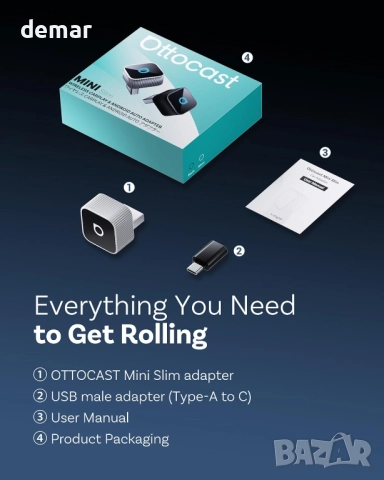 OTTOCAST MINI 3.0 Slim 2025 подобрен безжичен CarPlay адаптер, 2-в-1 за iPhone и Android Auto, снимка 9 - Аксесоари и консумативи - 52130163