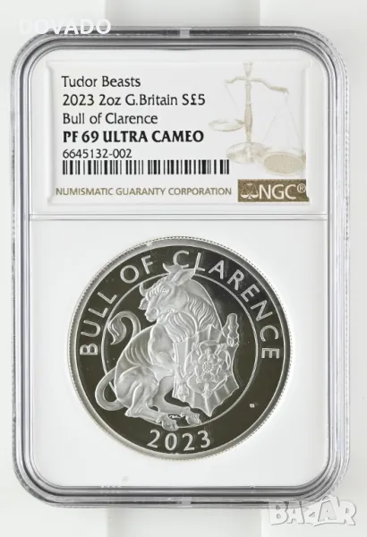 2023 Bull of Clarence - 2oz £5 - NGC PF69 - Сребърна Монета от Серията "Tudor Beasts", снимка 1