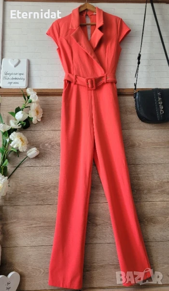 Елегантен гащеризон цвят корал с коланче и джобове , снимка 1
