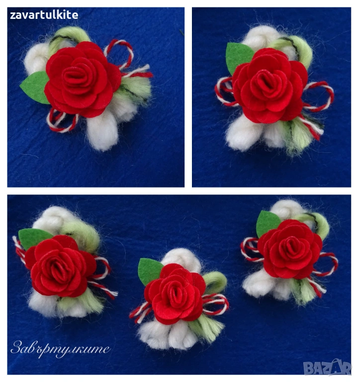 Мартеници брошки за закачане с голяма розичка и вълнени конци, снимка 1