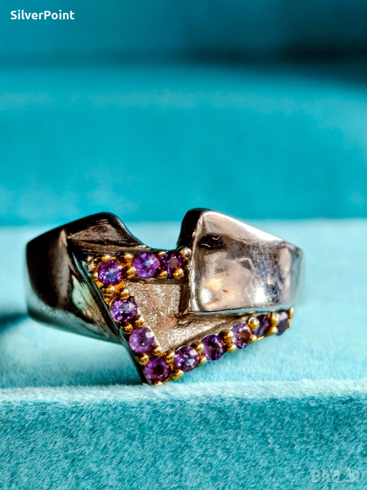 Сребърен пръстен с Аметисти , снимка 1