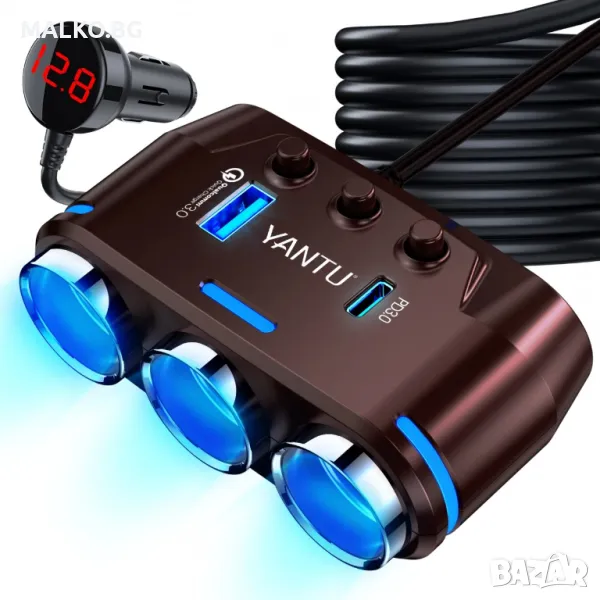 Разклонител за запалка Yantu LM21, 3 гнезда, 1 USB, 1 USB Type C, Волтметър, Бутони за изключване, снимка 1