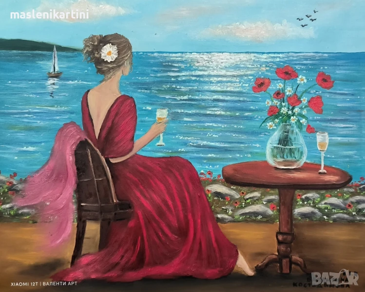 Жена с червена рокля край морето маслена картина , снимка 1