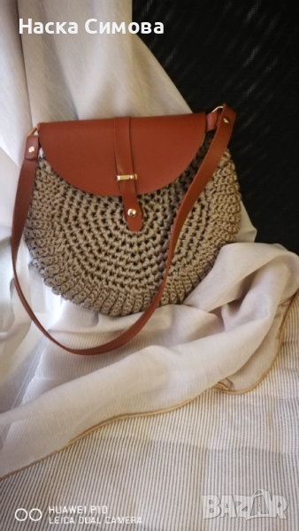 Плетена дамска чанта с кафяв капак , снимка 1