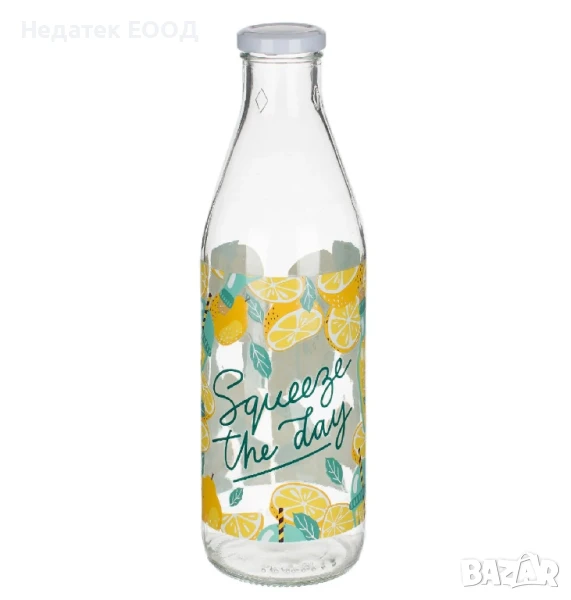 Прозрачна стъклена бутилка с дизайн на лимон, 1л., снимка 1