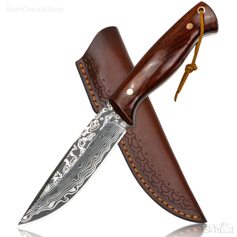 Goodchef Нож за лов D2 с дамаска шарка ергономична дръжка от розово дърво – Кожена кания, снимка 1